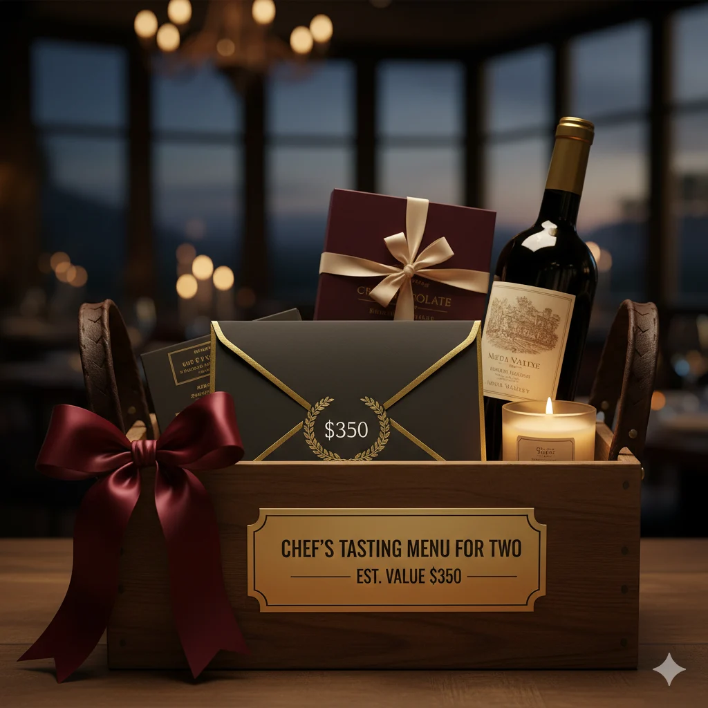 Luxury basket tasting menu with gourmet food, wine, and premium gift items for raffle ideas