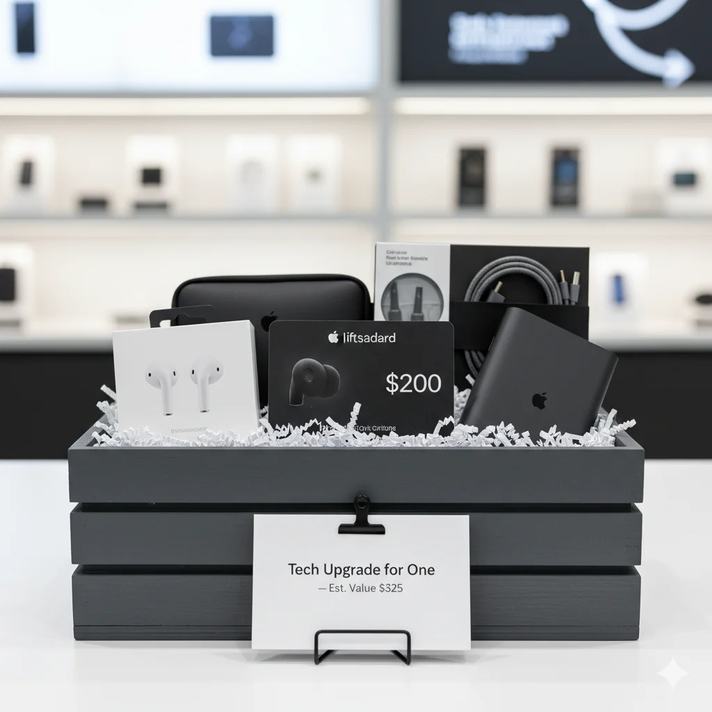 Luxury tech upgrade raffle basket with Best Buy gift card, wireless earbuds and accessories