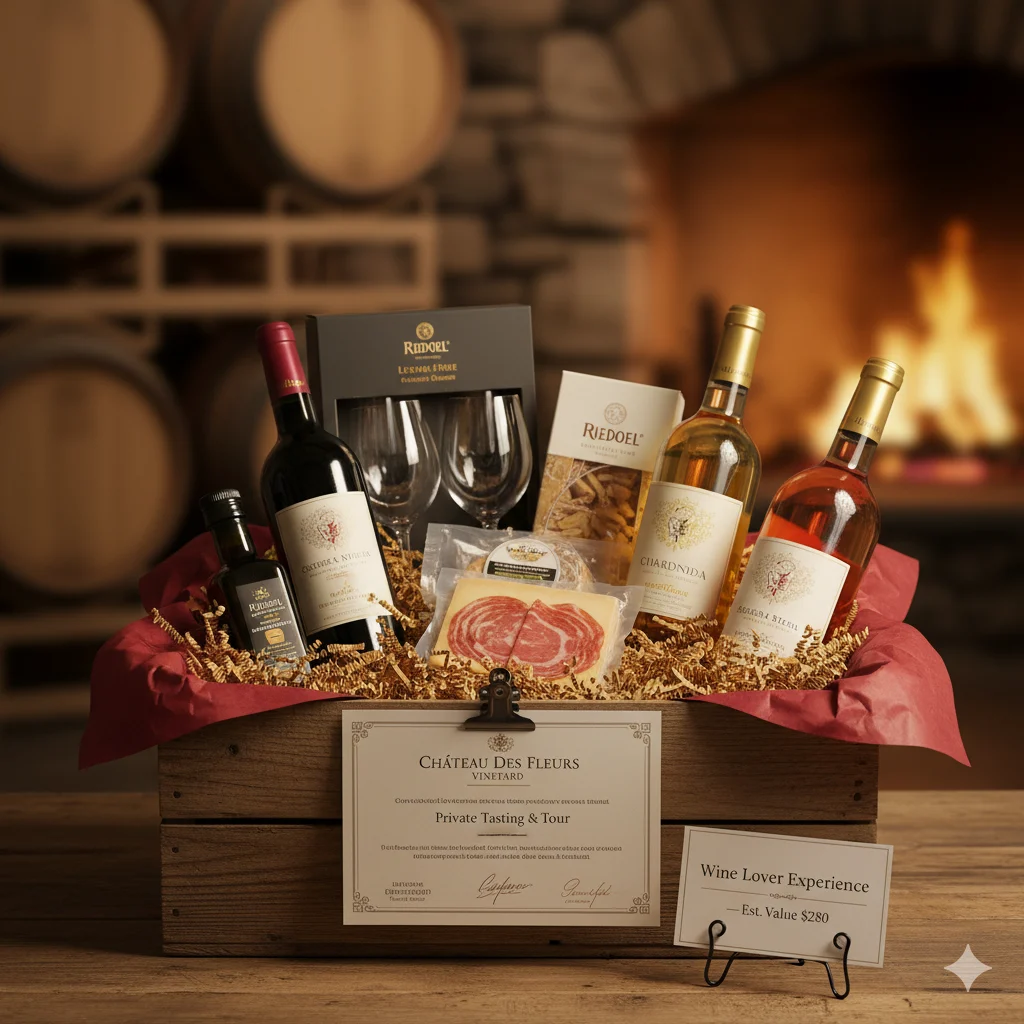 Luxury wine experience raffle basket with winery gift certificate, premium bottles and glasses