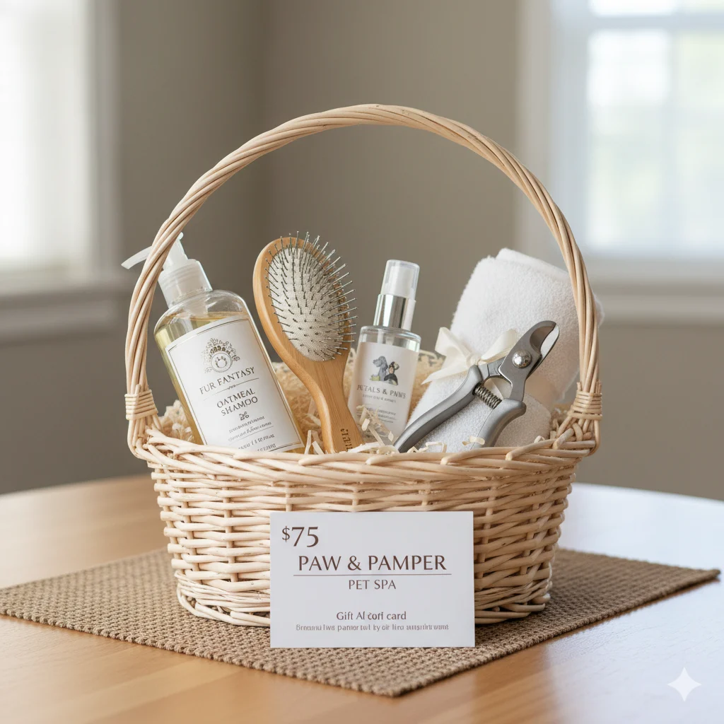 Pet Spa raffle basket — grooming gift card, quality shampoo, brush, accessories