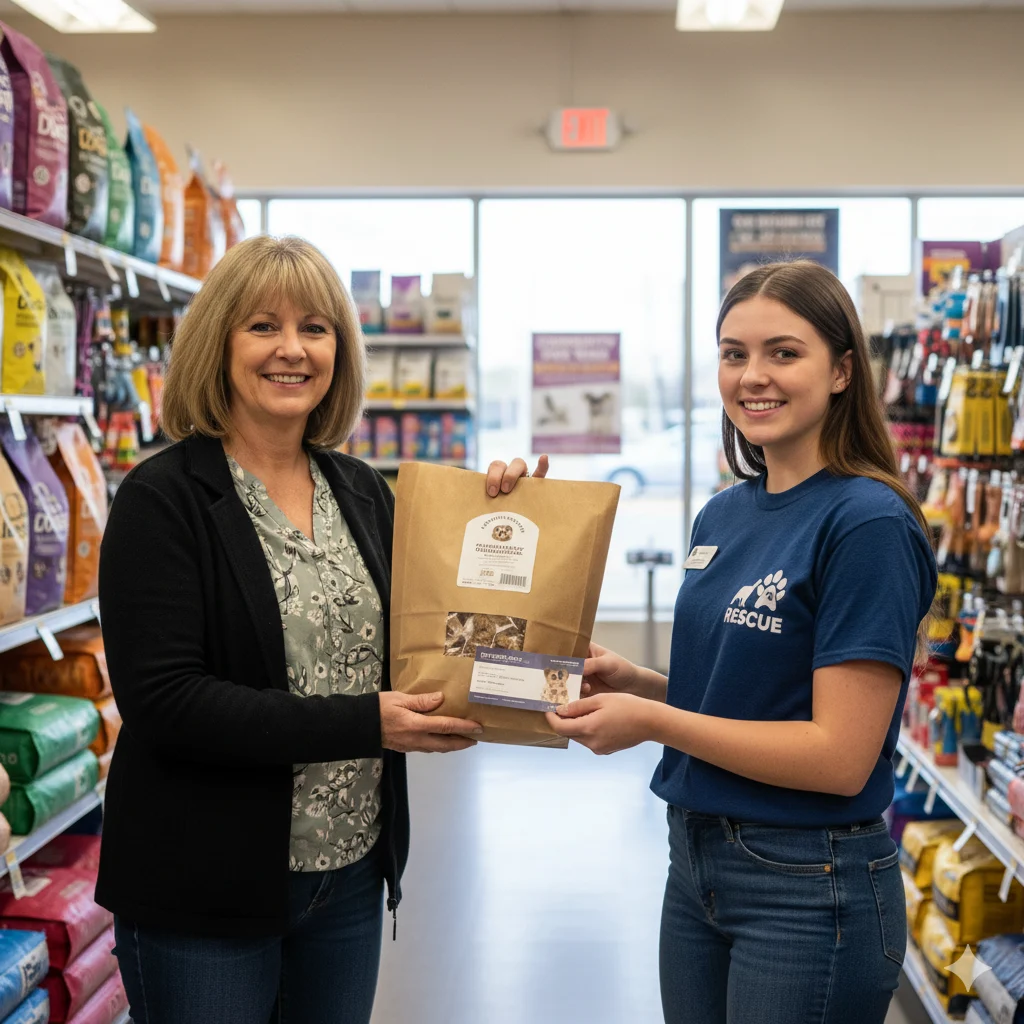 Local pet store owner donating gift card and treats to nonprofit volunteer for pet basket raffle