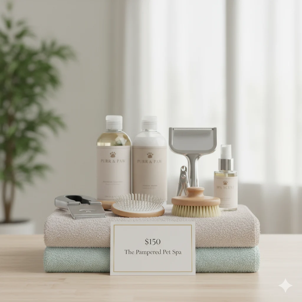 Pet Spa raffle basket — grooming gift card, quality shampoo, brush set, accessories