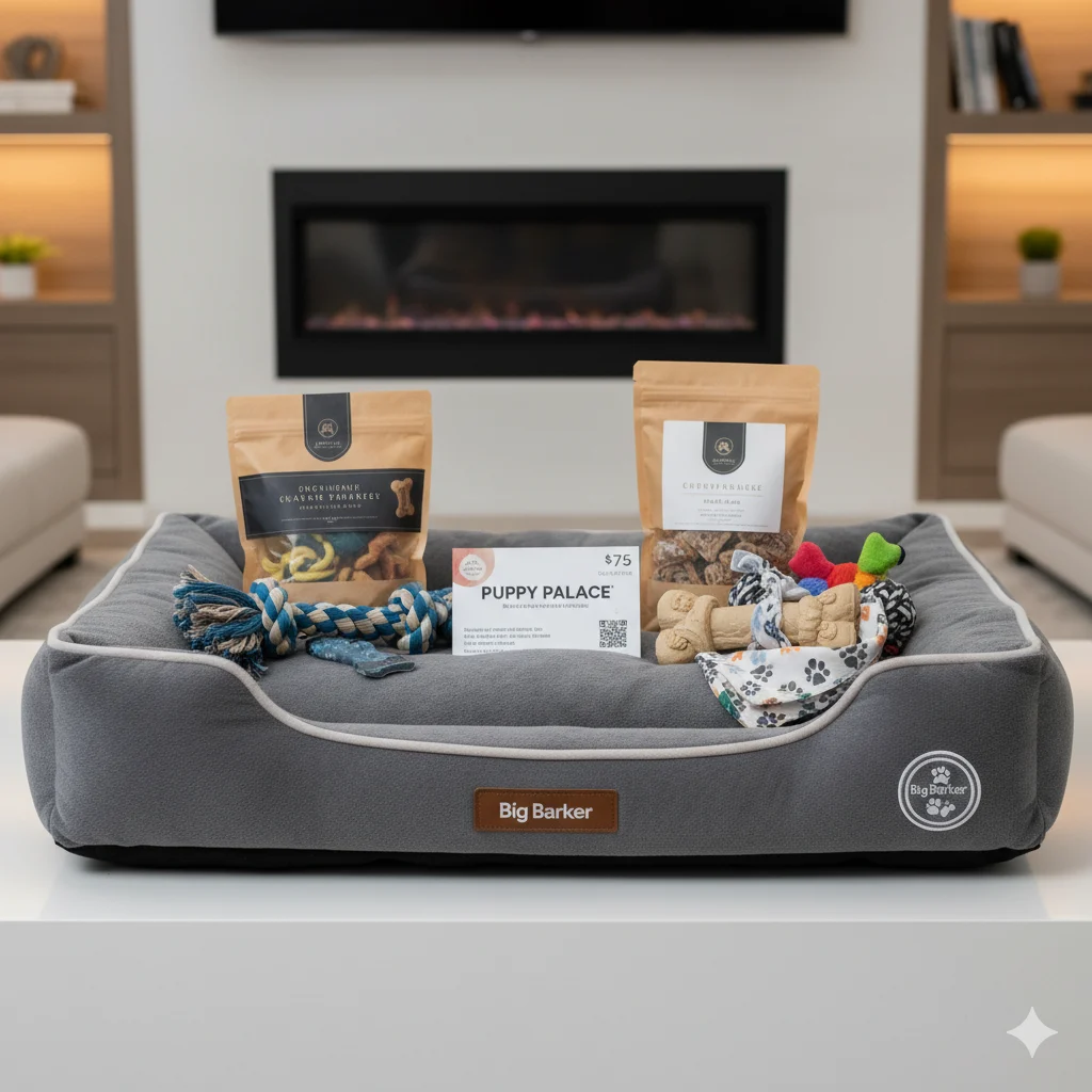 Premium Dog Experience raffle basket — premium dog bed, $75 gift card, luxury treats and toys