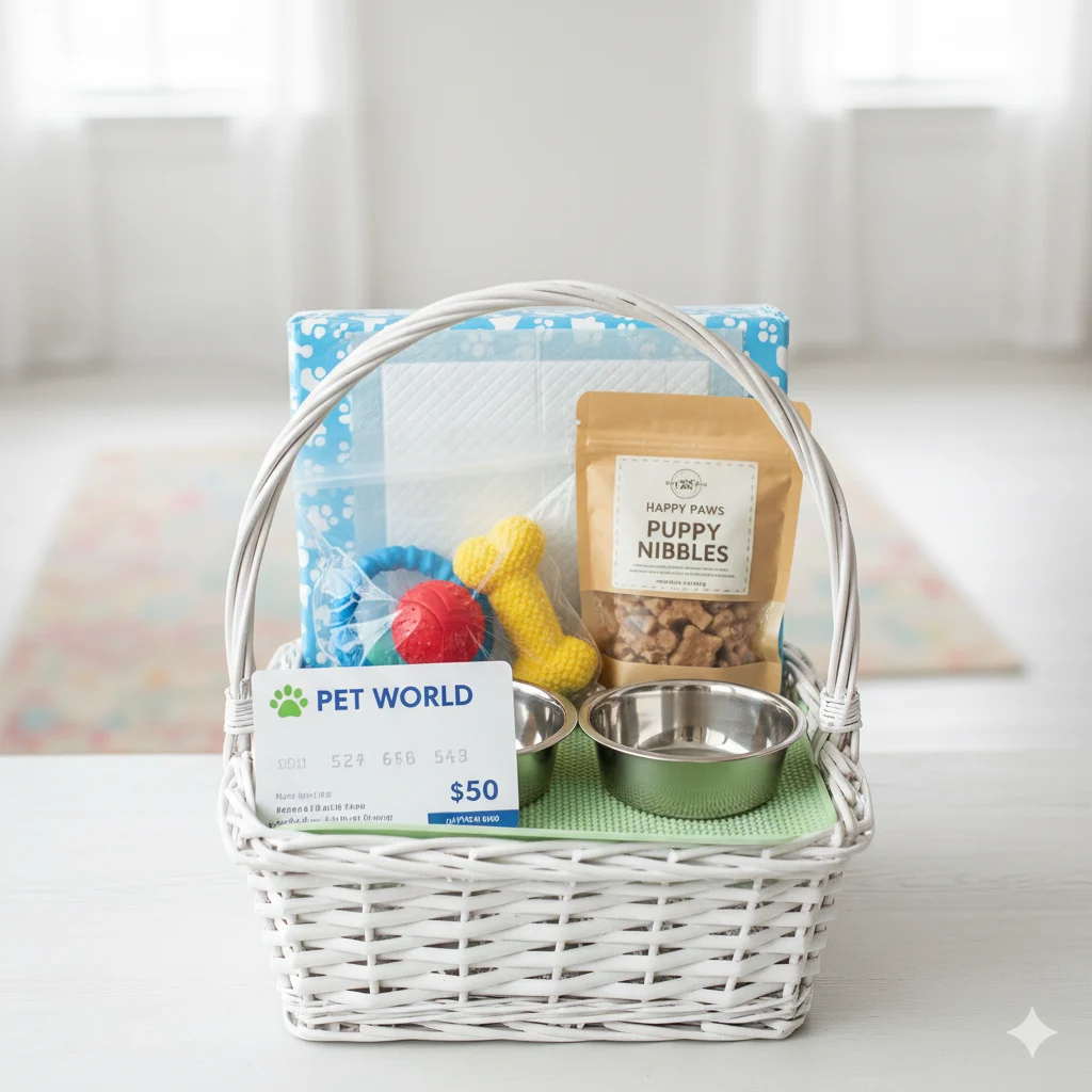 Puppy Starter raffle basket — pet store gift card, training pads, puppy toys, food bowls