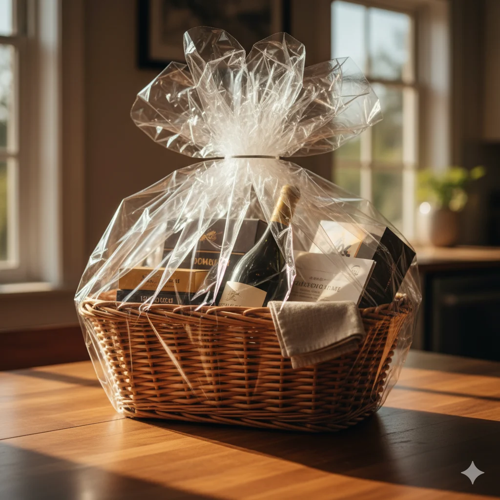 Partially wrapped raffle basket on kitchen table, cellophane half-pulled back revealing premium items — a sneak-peek reveal used for pre-launch promotion