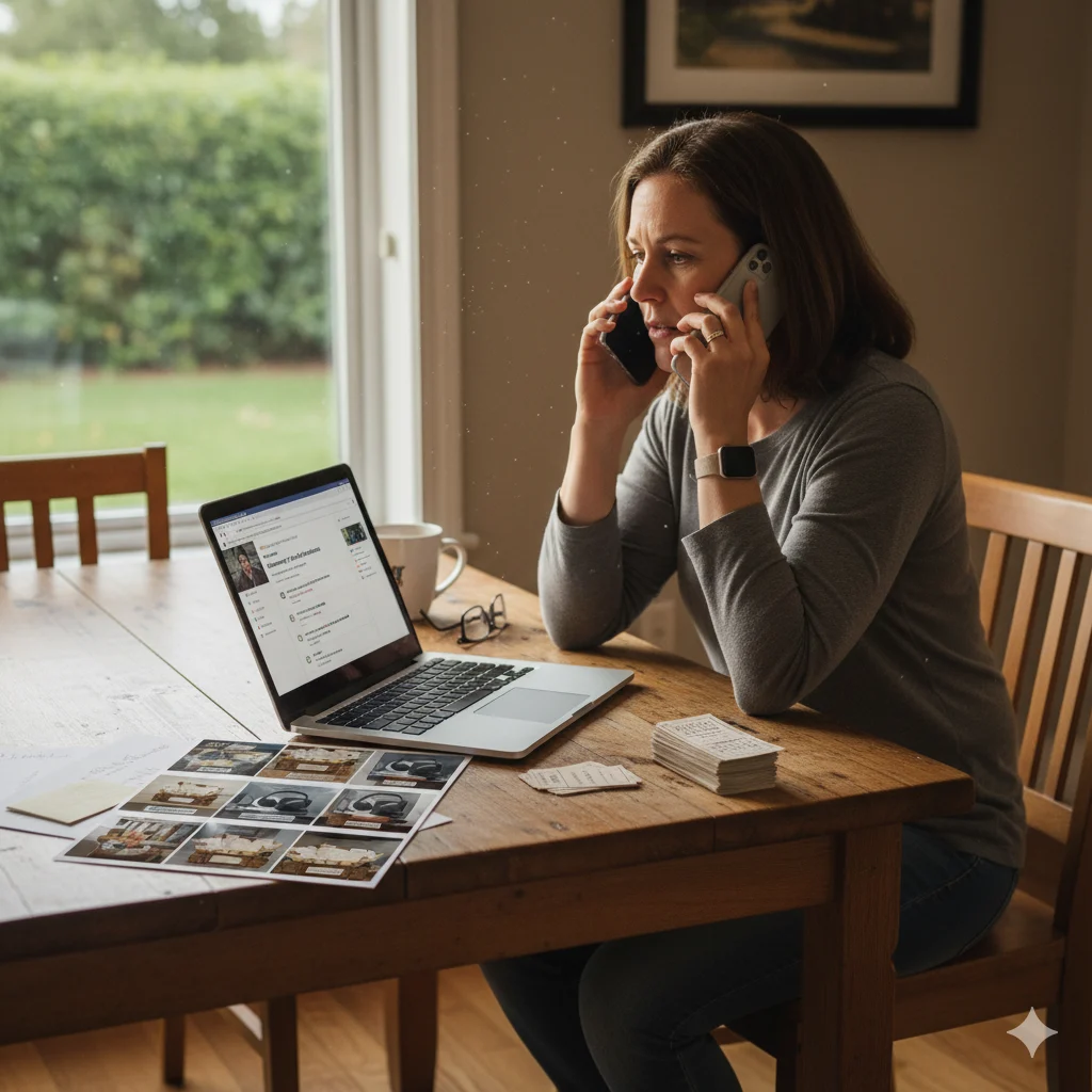 Nonprofit volunteer at kitchen table working on raffle promotion — phone, laptop open to Facebook, printed planning materials, soft natural daylight through the window