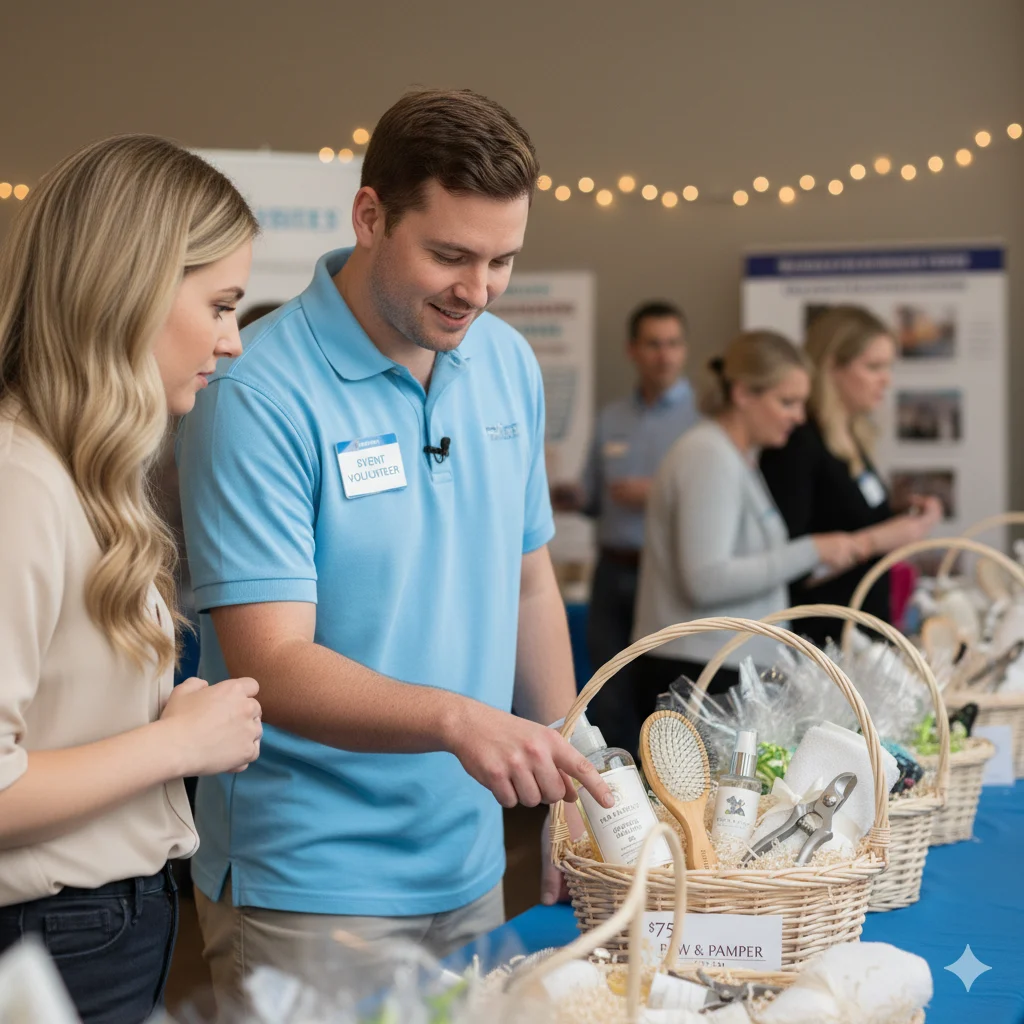 Raffle volunteer pointing at spa basket gift card — the physical gesture that focuses buyer attention
