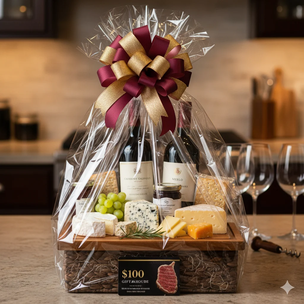 Steakhouse date night wine basket — Château Moulin Cabernet, Silver Oak, $100 steakhouse gift card, charcuterie board, sea salt crackers