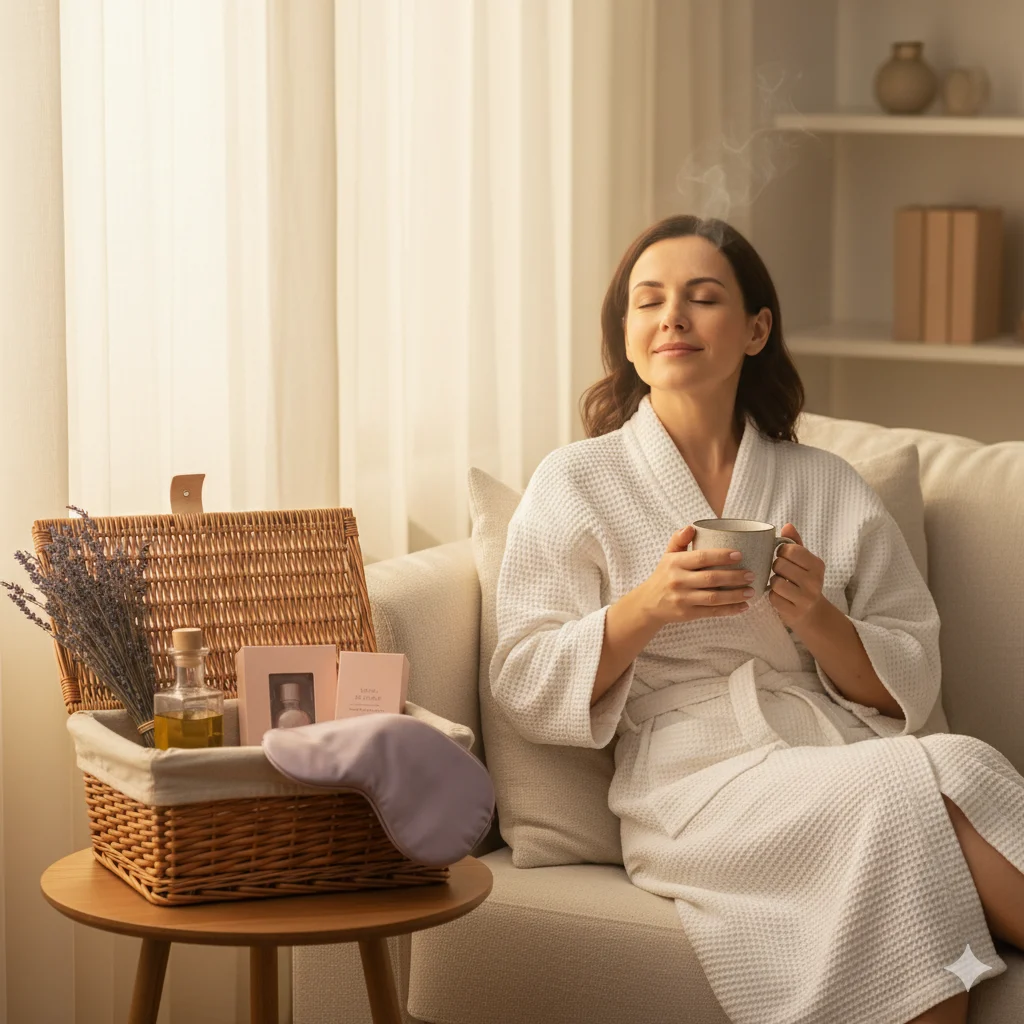 Girls Night Relaxation spa basket — skincare products, body oil, lavender tea — winner relaxing with basket