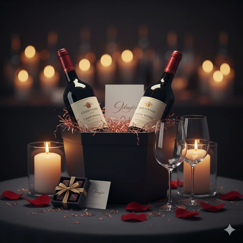 Romantic wine night basket — Vintner's Romance Cabernet, Amoré artisan chocolate, beeswax candles, artisan wafers