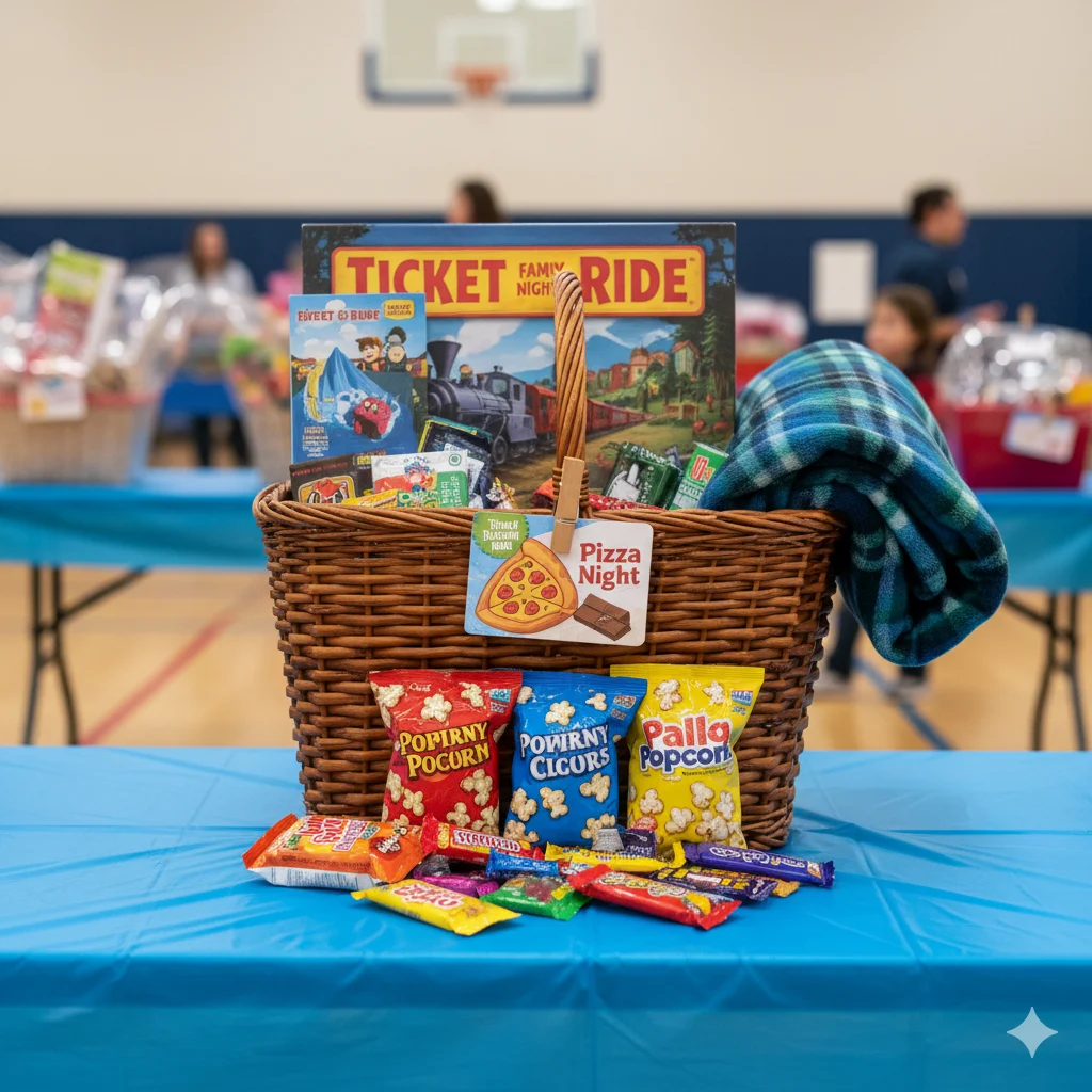 Family Game Night school raffle basket — board game, pizza gift card, popcorn, blanket