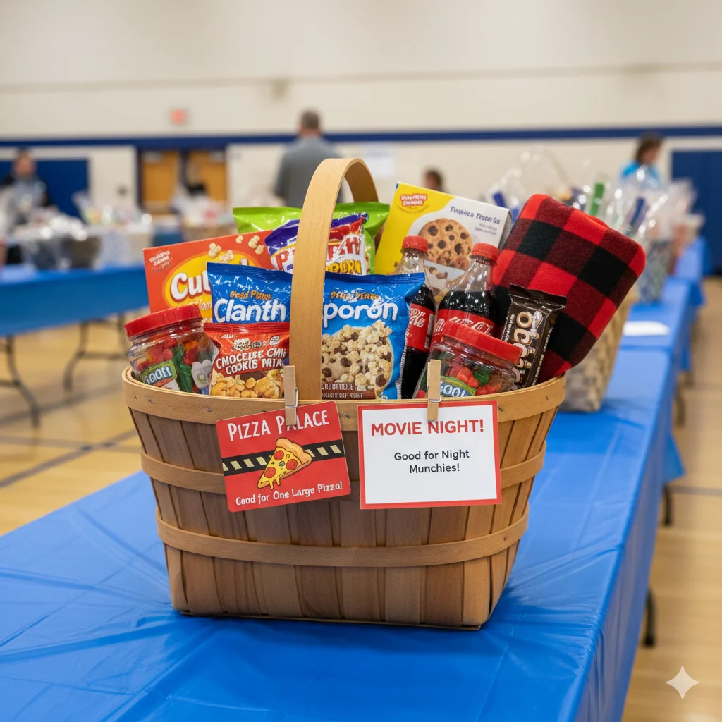 Pizza Night school raffle basket — restaurant gift card, popcorn, dessert items