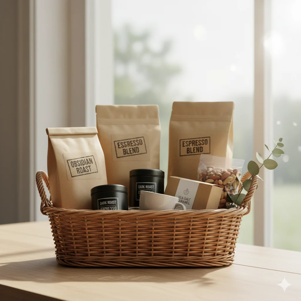 Classic coffee raffle basket — Obsidian Roast and Espresso Blend bags, ceramic espresso cup, sea-salt caramel biscuits, premium mixed nuts, dark roast espresso tin, eucalyptus garnish
