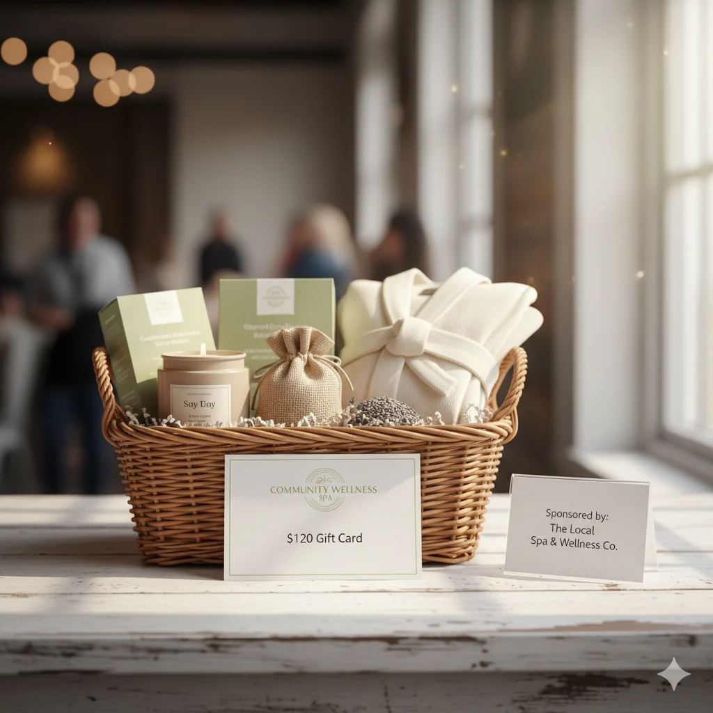 Well-sourced spa raffle basket — neutral candle, gift card anchor, robe and bath salts — the kind local wellness businesses are happy to donate toward