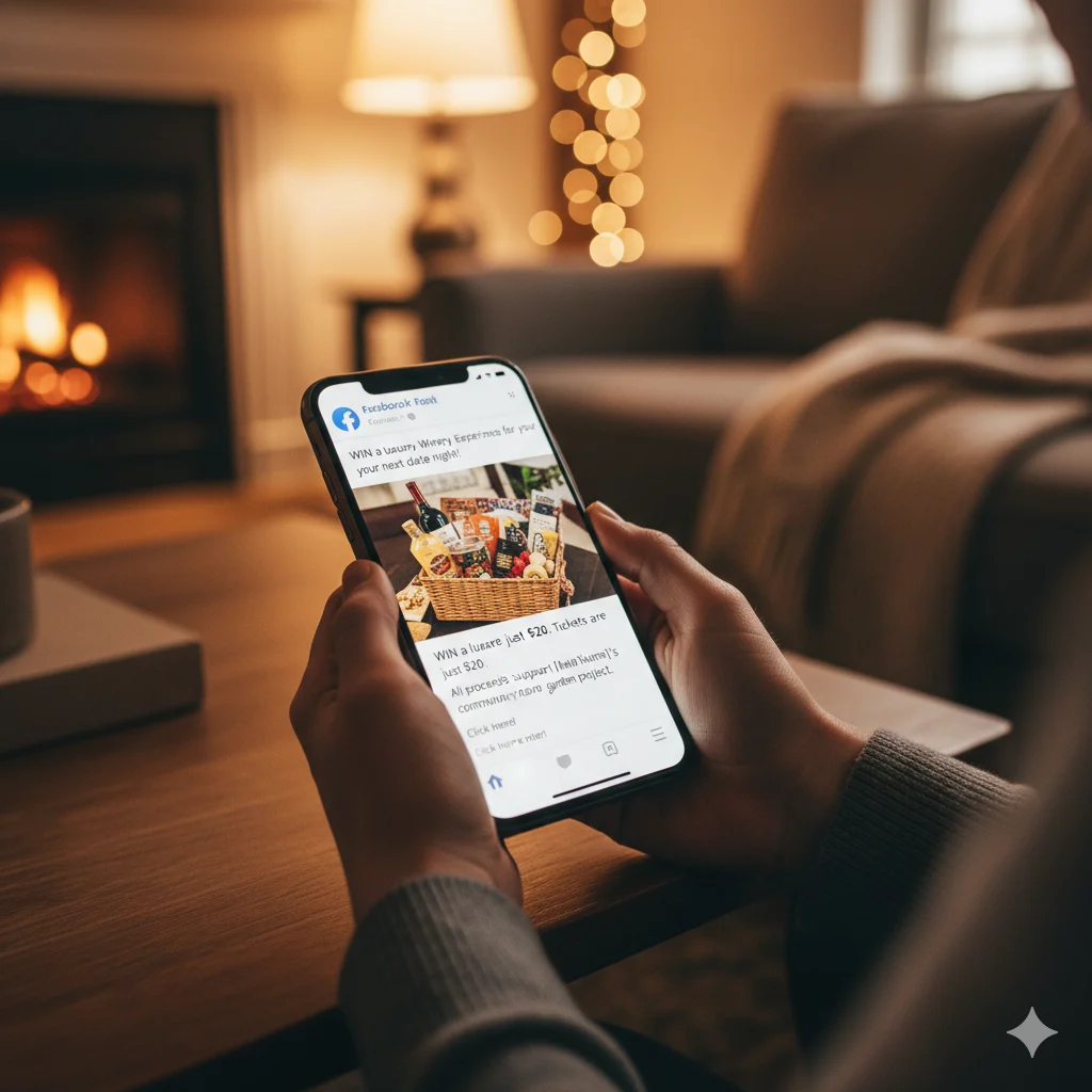 Close-up of hands holding a phone showing a nonprofit basket raffle post with a basket photo on Facebook, warm ambient kitchen lighting, cinematic shallow depth of field