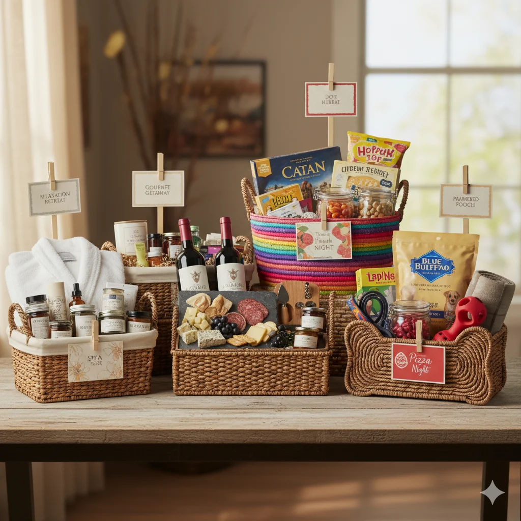 Themed raffle basket collection — spa, wine, family game night, dog lover baskets