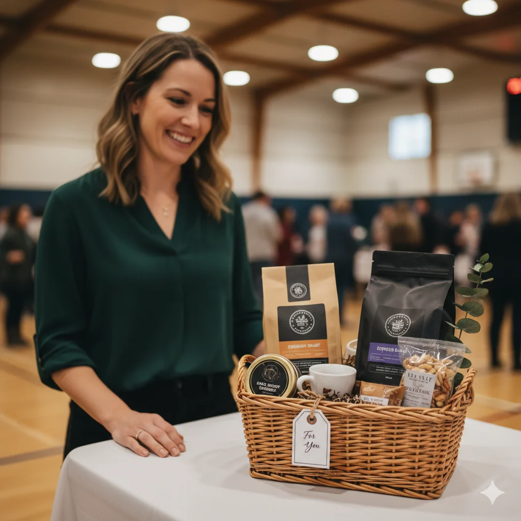 Woman smiling beside a coffee raffle basket — Coffee Roasters Collective Obsidian Roast and Espresso Blend, artisanal sea-salt caramel biscuits, premium mixed nuts, ceramic espresso cup