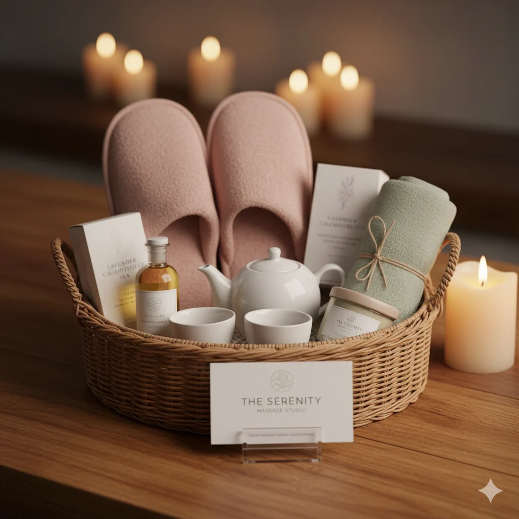 Couples Spa Night basket — slippers, skincare, body oil, lavender chamomile tea and porcelain tea set