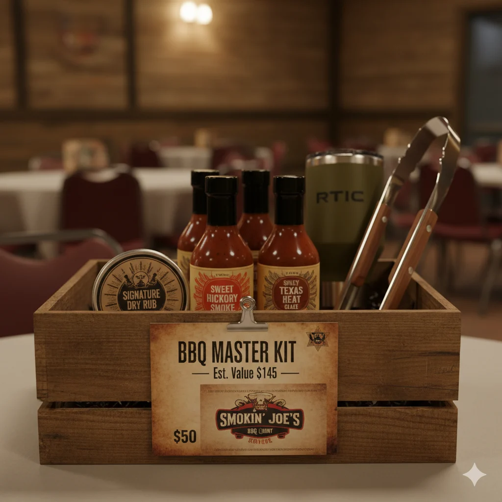 BBQ themed VFW basket raffle with grilling tools, sauces, and outdoor cooking items