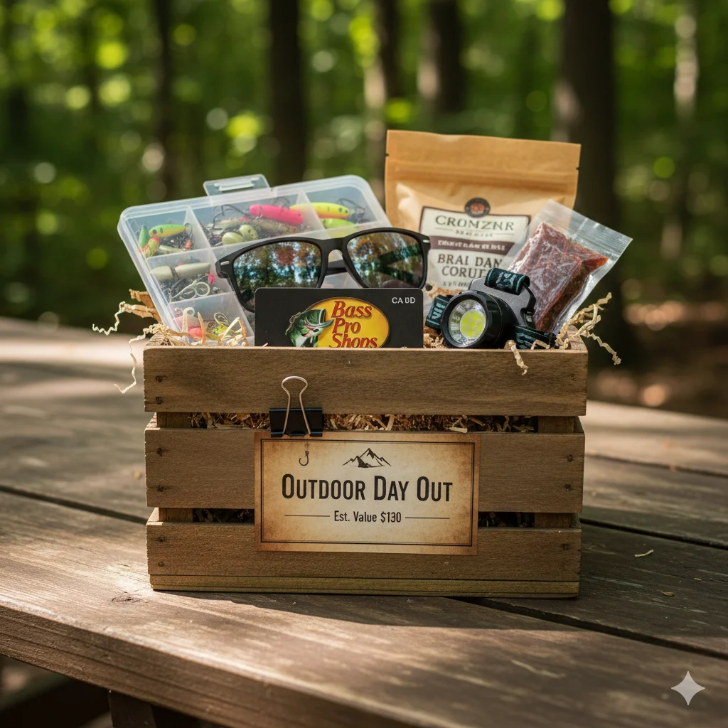 Outdoor themed VFW basket raffle with camping gear, picnic items, and adventure essentials