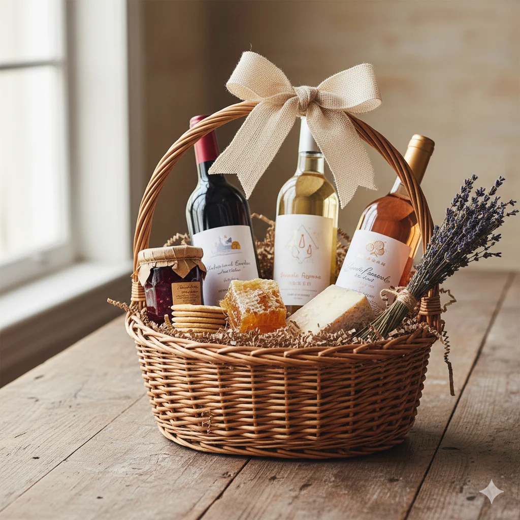 Artisan wine and cheese raffle basket — Vintner's Reserve, aged cheddar, brie, smoked gouda, slate board, gold cheese knives