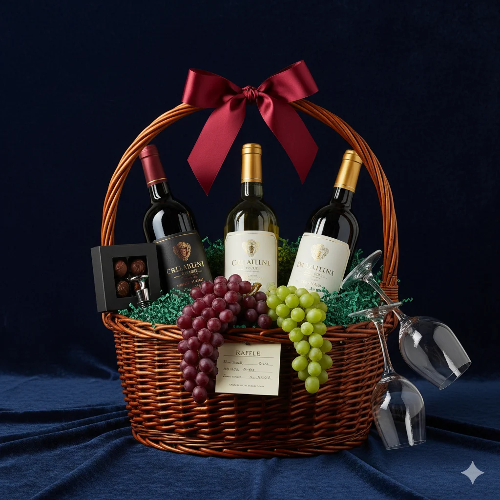 Gourmet wine entertaining basket — Château Moulin Cabernet, River Bend white, EVOO, noir truffles, Colombian Supremo coffee, golden honey, holiday candle